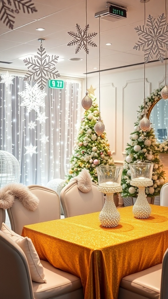 A festive winter wonderland Christmas party setup with white and silver decorations, a Christmas tree, and a beautifully set table.
